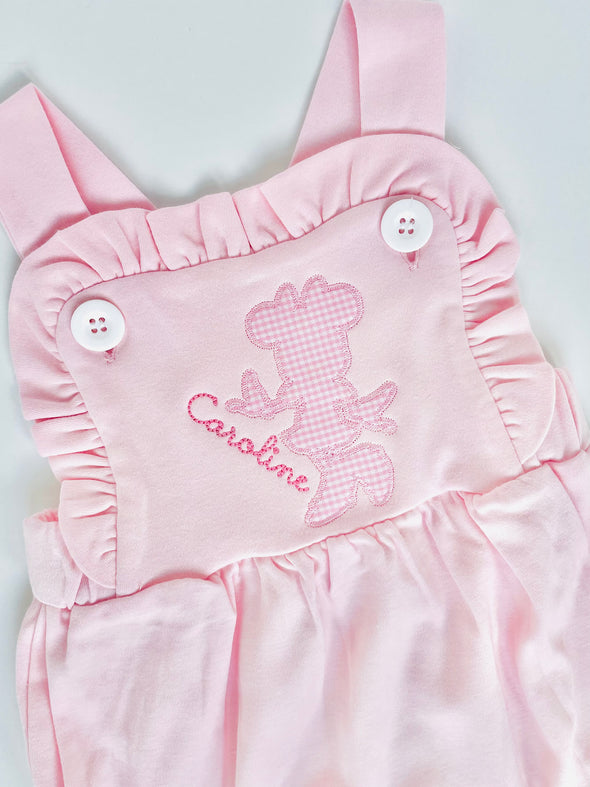 Baby Girl Personalized Pink Ruffled Bubble with Miss Mouse Silhouette in Pink Gingham Applique Design