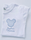 Boy’s Crewneck White Tee Shirt Personalized with Mister Mouse Blue Gingham Applique Design