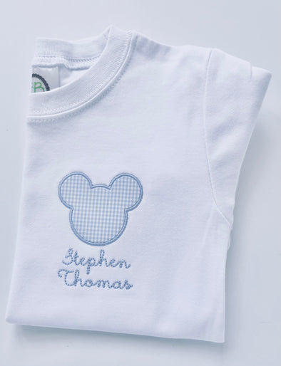 Boy’s Crewneck White Tee Shirt Personalized with Mister Mouse Blue Gingham Applique Design