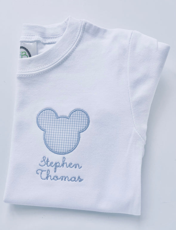 Boy’s Crewneck White Tee Shirt Personalized with Mister Mouse Blue Gingham Applique Design