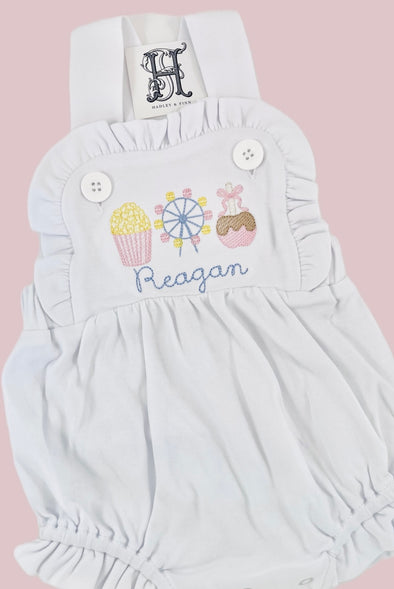 Fair Theme Embroidery Design on Personalized White Sunsuit