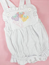 Birthday Balloons Applique on Girl's Personalized White Ruffled Sunsuit