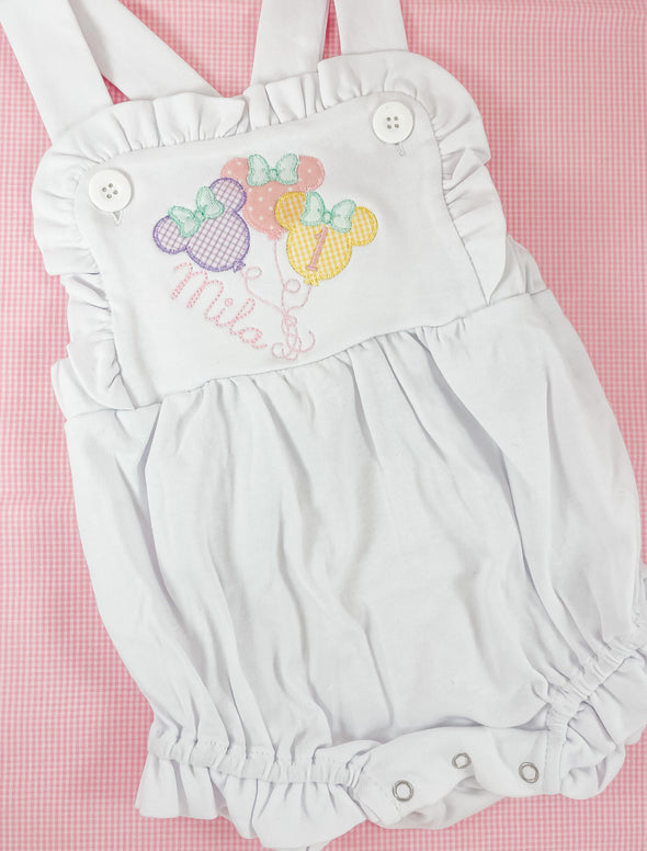 Birthday Balloons Applique on Girl's Personalized White Ruffled Sunsuit