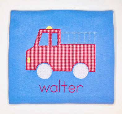 Fire Engine Applique with Personalization on Boy's Blue Shirt