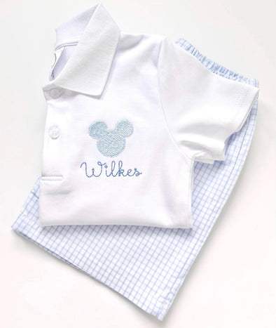 Mouse Embroidery Design on Boy's Personalized White Classic Polo Shirt - Shorts Available Upon Request