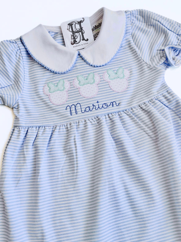 Personalized Miss Mouse Applique Design on Blue Stripe Girl's Cotton Knit Yoke Dress with White Collar