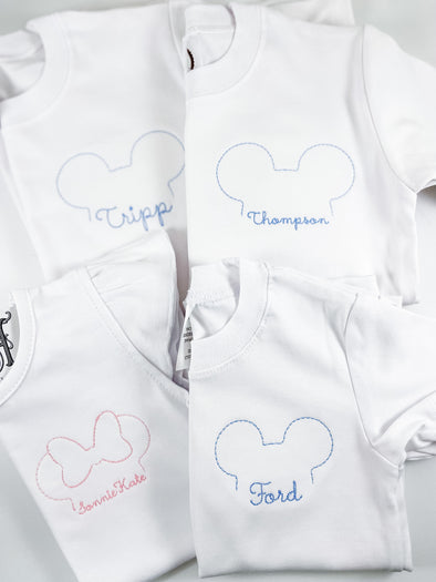 Personalized Mister or Miss Mouse Embroidery Design on Boy's or Girl's White Shirt