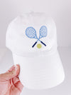 Tennis Hat - Children and Adult Sizes - White Hat with Pink or Blue Rackets and Ball