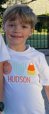 Boy Mouse Ears, Pumpkin and Candy Corn on Boys Personalized White Tee Shirt