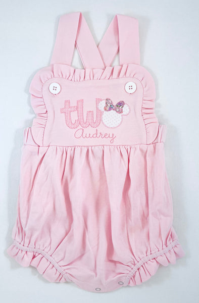 Birthday Girl's Age and MIss Mouse Applique Design on Pink Ruffled Sunsuit