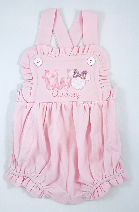 Birthday Girl's Age and MIss Mouse Applique Design on Pink Ruffled Sunsuit