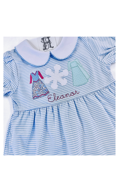 Princesses Applique Design on Girl's Personalized Blue Stripe Dress