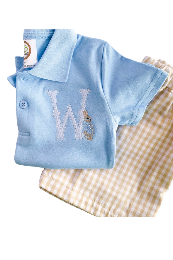 Monogram Initial with Easter Bunny Embroidery on Boys Blue Polo Shirt (Shorts not included)