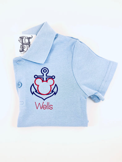 Nautical Mouse Embroidery Design on Boy's Blue Polo Shirt