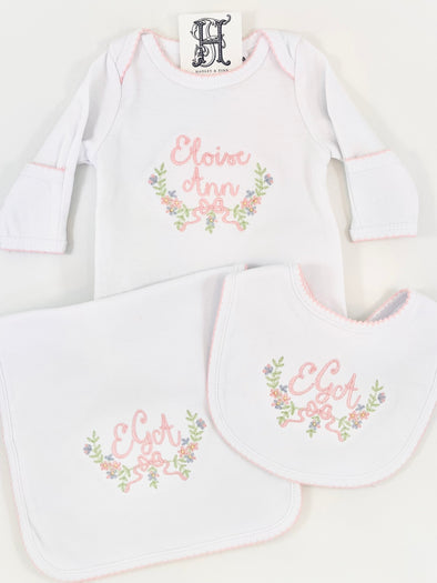 Newborn Baby Girl's Gift Set -  Personalized Day Gown, Bib, and Burp - Pink Floral Design