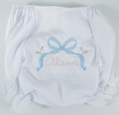 Diaper Cover White with Eyelet Trim for Baby Girl with Bow and Floral Embroidery Personalized with Name