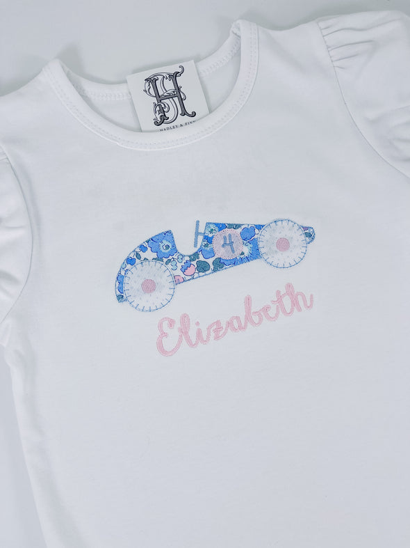 Race Car Birthday Theme on Girls Personalized White Shirt