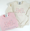 Personalized Sweatshirt Bubble Romper in Pink or Ivory with Floral Bow Embroidery