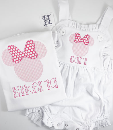 Personalized White Girl’s Shirt with Big Happy Miss Mouse Pink Gingham Applique Design