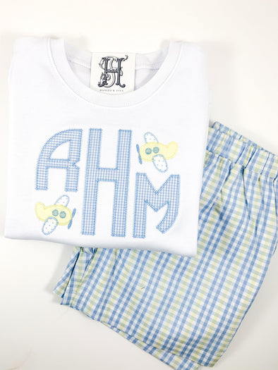 Monogrammed Boy's White Shirt - Monogram Applique with Toy Airplanes