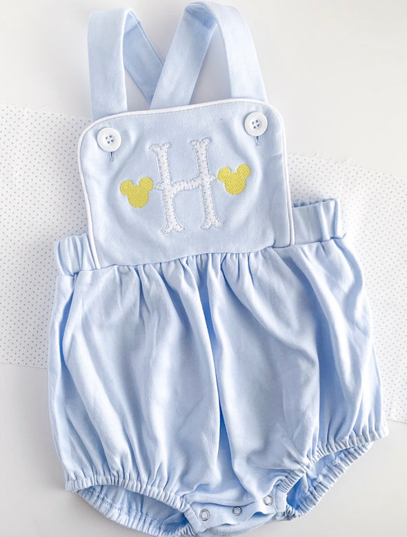 Monogrammed Initial on Blue Bubble/Sunsuit with Boy Mouse Ears Yellow Embroidery