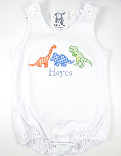 Dinosaur Friends -  Orange, Blue, and Green Applique on Baby/Toddler Personalized White Bubble