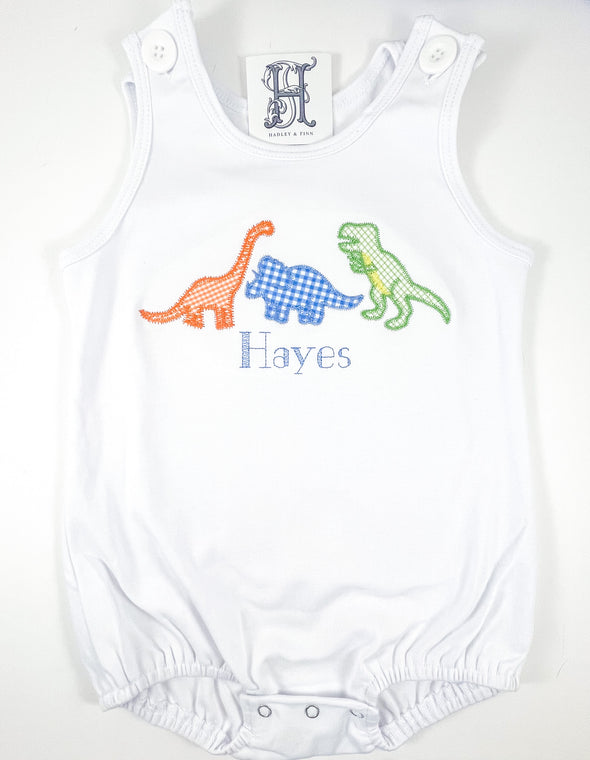 Dinosaur Friends -  Orange, Blue, and Green Applique on Baby/Toddler Personalized White Bubble