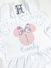 Birthday Baby Girls Personalized White Ruffled Sunsuit - Mouse Ears Applique