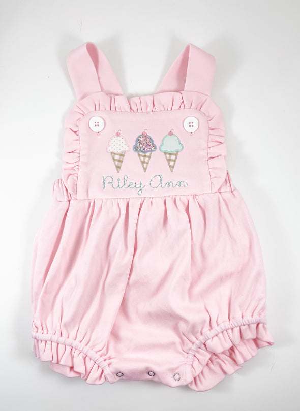 Ice Cream Cones Applique on Baby/Toddler Girls Personalized Pink Ruffled Bubble/Sunsuit