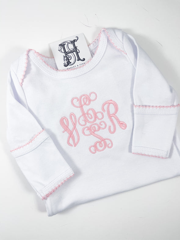 Monogrammed Newborn Gown - Baby Girls Layette White Gown - Monogrammed in Pink