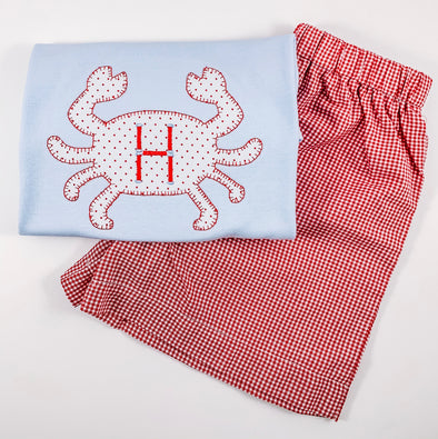 Crab Applique Shirt - Blue Tee Shirt - Boys - Red Bitty Dot Crab Applique with Red Monogram Initial