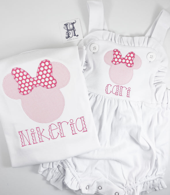 Girls Personalized White Sunsuit or Short Sleeve Shirt with Mouse Ears Applique