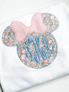 Monogrammed Big Happy Girl Mouse with Bow Applique on Girl's White Shirt or Dress Personalized with Name