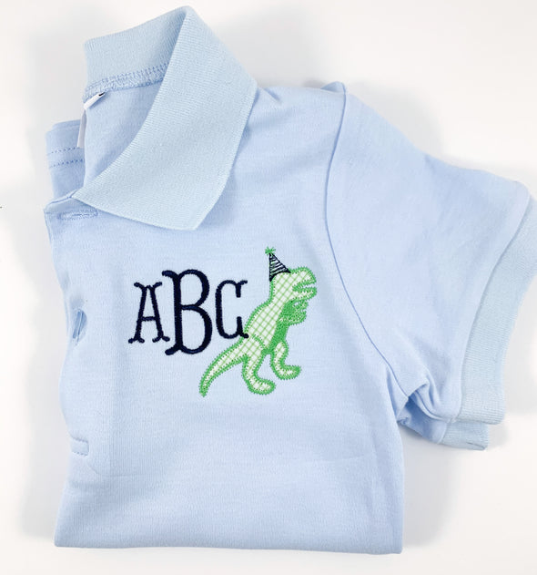 Dinosaur Birthday Party - Monogrammed Boy's Classic Light Blue Polo Shirt with Dinosaur Applique