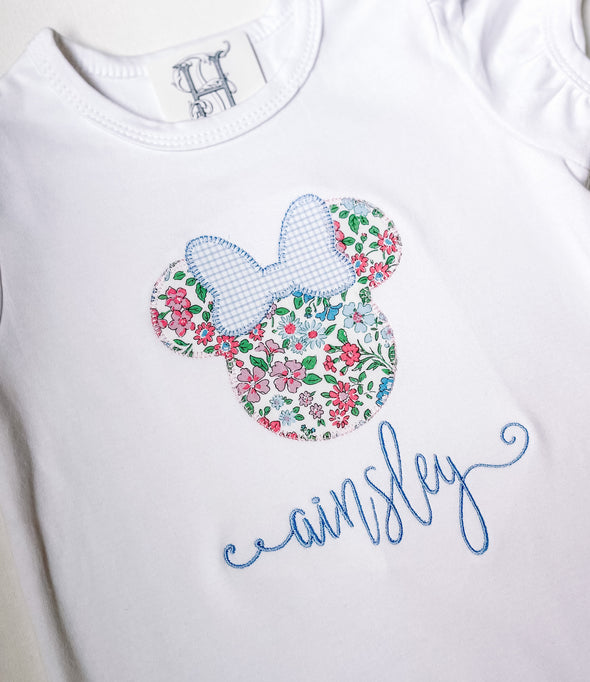 Girls Personalized White Short Sleeve White Shirt or Dress with Mouse Ears Applique