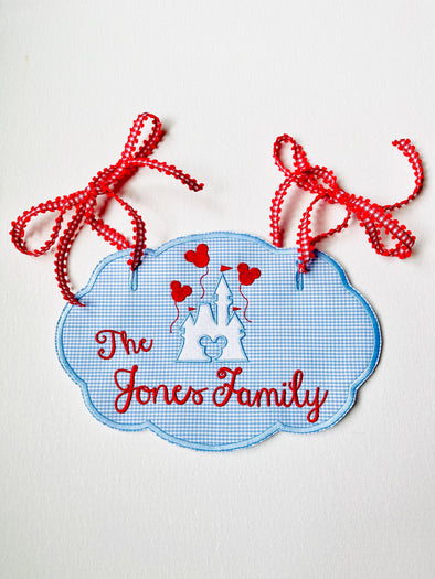Personalized Baby/Toddler Stroller Tag - Blue Gingham with Red Family Name