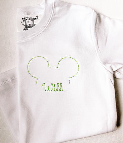 Boy Mouse Outlined and Name in Green Thread on Boys White Shirt