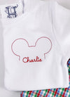 Boy Mouse Outlined and Name in Red Thread on Boy's White Shirt