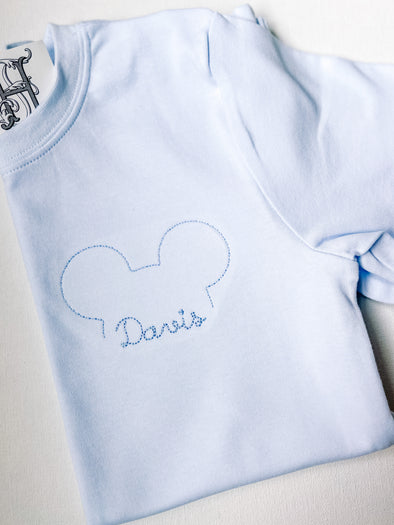 Boy Mouse Outlined and Name in Blue Thread on Boys Blue Shirt