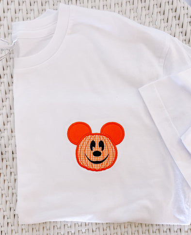 Personalized Boy's Crewneck White Tee Shirt with Fall Pumpkin Applique Design