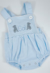 Puppy Dogs - Grey - on Baby/Toddler Blue Bubble/Sunsuit - Personalized with Name