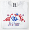 Dinosaur Friends with Red Bitty Dot, Blue and Red Gingham Applique on Boy's White Shirt Personalized with Name - Boy's Fourth of July Shirt