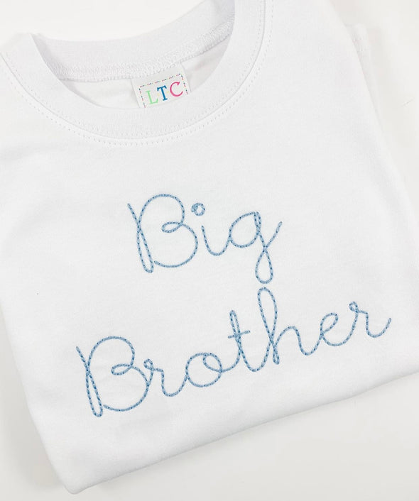 Gender Reveal Shirt - Boy's White Tee Shirt - Big Brother in Blue Embroidery