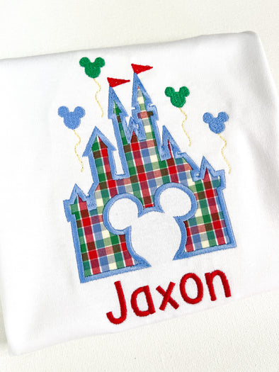 Personalized Boy's Crewneck White Tee Shirt with Castle Applique Design