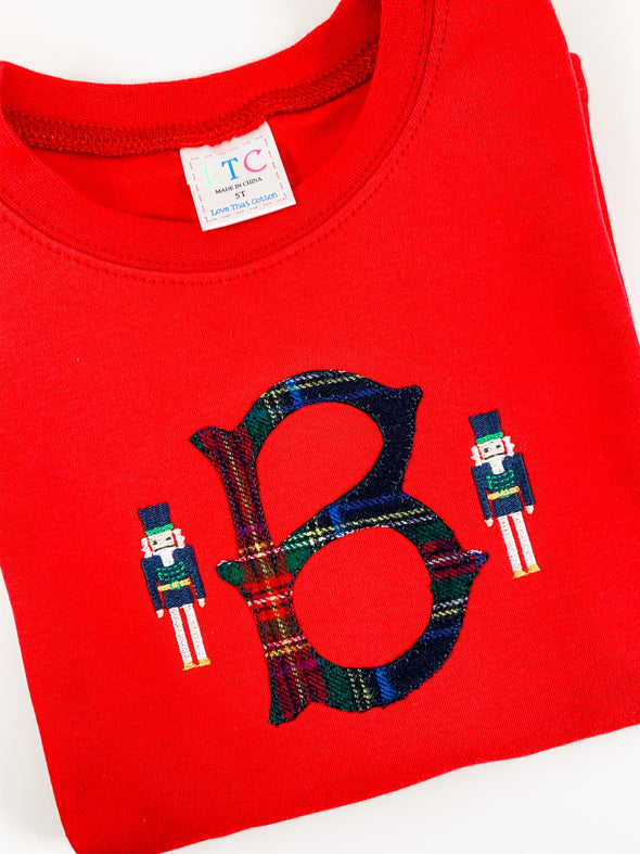 Nutcrackers and Monogrammed Plaid Initial on Boy's Red Christmas Shirt