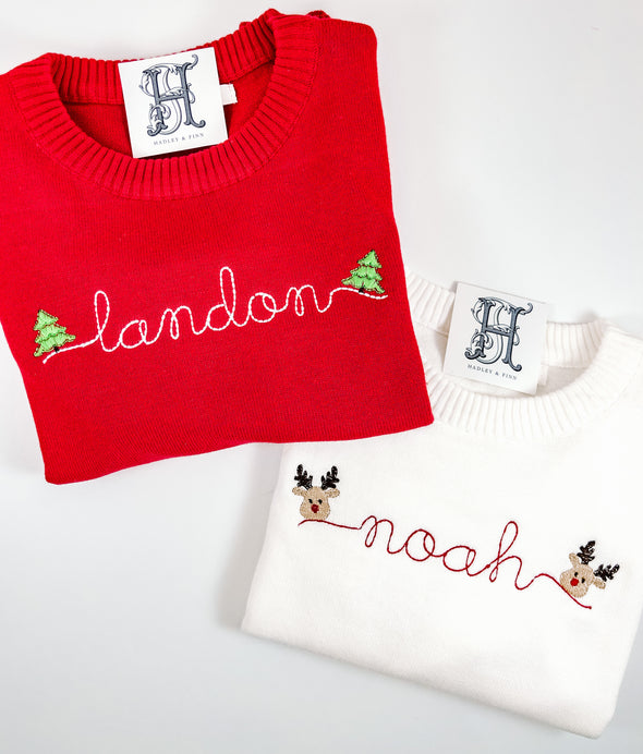 Christmas Reindeer or Tree Embroidery on Unisex Sweater Personalized