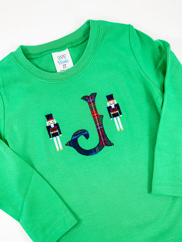 Nutcrackers and Monogrammed Initial on Boy's Green Christmas Shirt