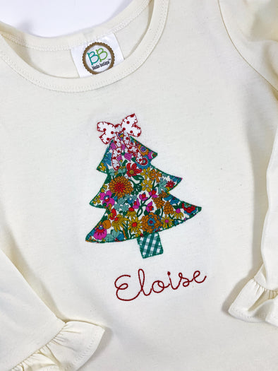 Christmas Floral Tree with Red Bitty Dot Bow on Girl's Personalized Shirt
