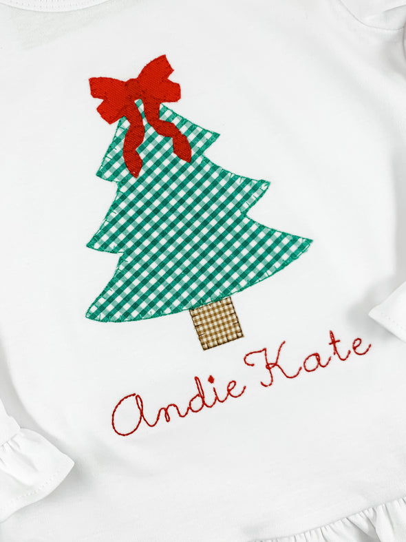 Christmas Tree and Red Bow Applique on Girl's Personalized White Shirt