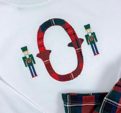 Nutcrackers and Monogrammed Initial on Boy's White Christmas Shirt